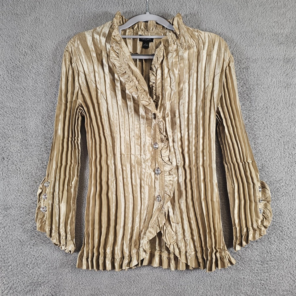 MSK Gold Pleated Shimmer Blouse Rhinestone Button Ruffle Top Womens Large - Picture 1 of 7